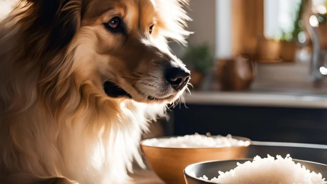 dog eating rice with chicken